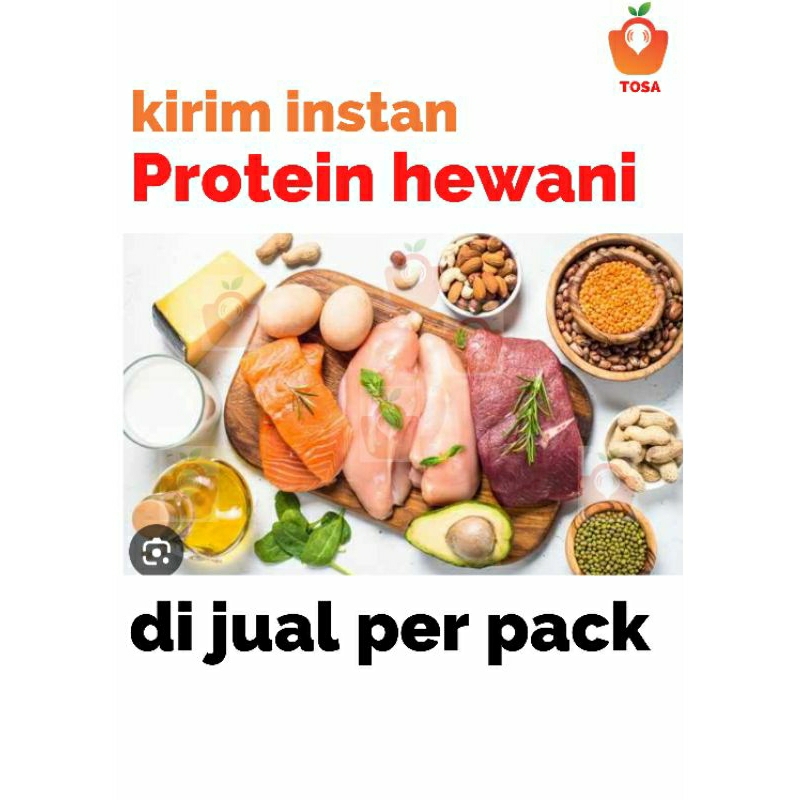 

protein hewani/kembung/lele/udang/nila/telur/ayam potong/usus/ceker/daging sapi