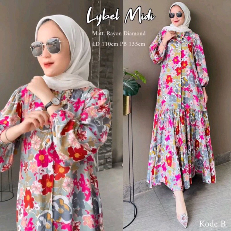 Gamis lybel midi bunga  rayon premium - gamis Midi bunga Dress rayon premium - gamis rayon kekinian 