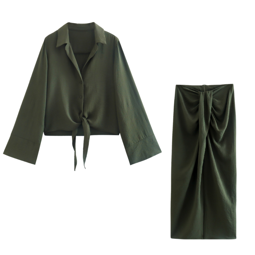 Setelan Blouse Wanita Rok Midi Polos Warna Hijau Army Casual Tied Korean Blouse