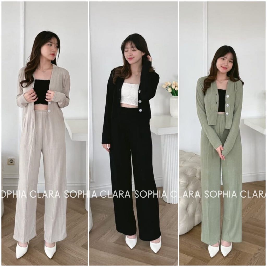CLARA - Set Casey Knit Hornet Cardigan Crop Setelan Baju Wanita dan Celana Kulot Pants One Set Crop 