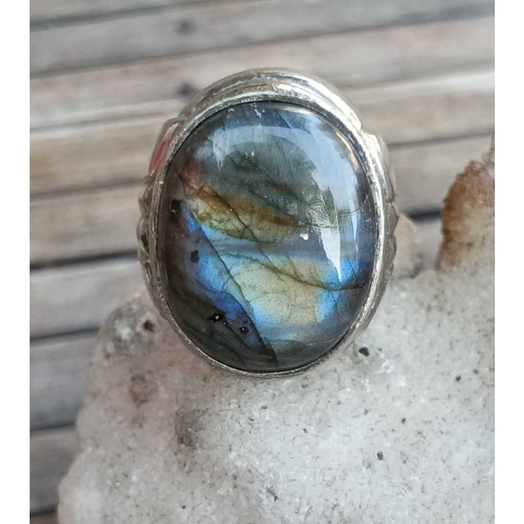 Natural Labradorite Big Size Rainbow Ring Alpaka Super