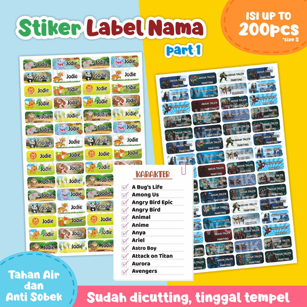 

PART 1 Stiker Label Nama Waterproof Versi Kotak - Among Us, Angry Bird, Animal, Anime, Avengers