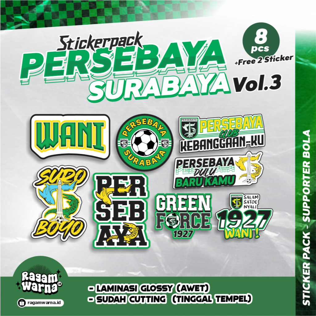 

STIKER PACK PERSEBAYA (8pcs) WANI, SUROBOYO, GREEN FORCE, KEBANGGAANKU, SALAM SATU NYALI