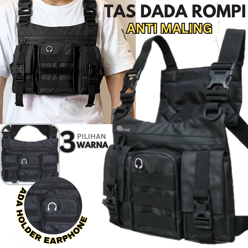 Tas Dada Pria Rompi 3 Kantong Tactical Chest Bag Rig Bag Outdoor Tas Motor Waterproof Anti Maling