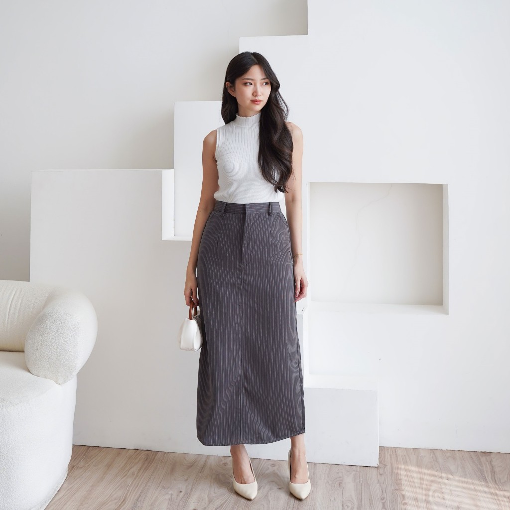 Vellogurl - Maira Skirt / Rok Panjang Salur Wanita / Rok A-Line Korean Style / Rok Kerja Pinggang Ka