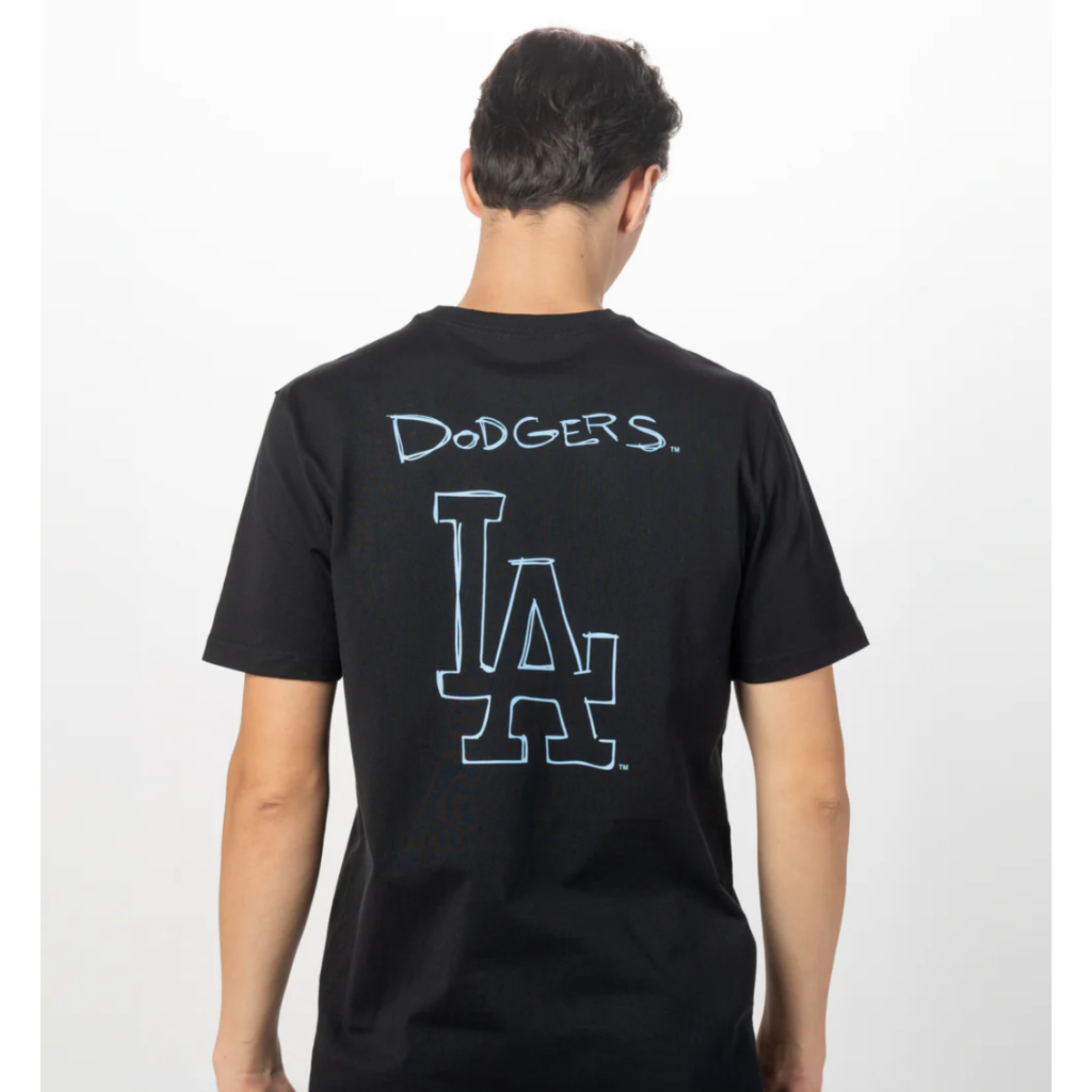 Kaos New Era Los Angeles Dodgers League Scribble Black Short Sleeves T-Shirt 100% Original Resmi