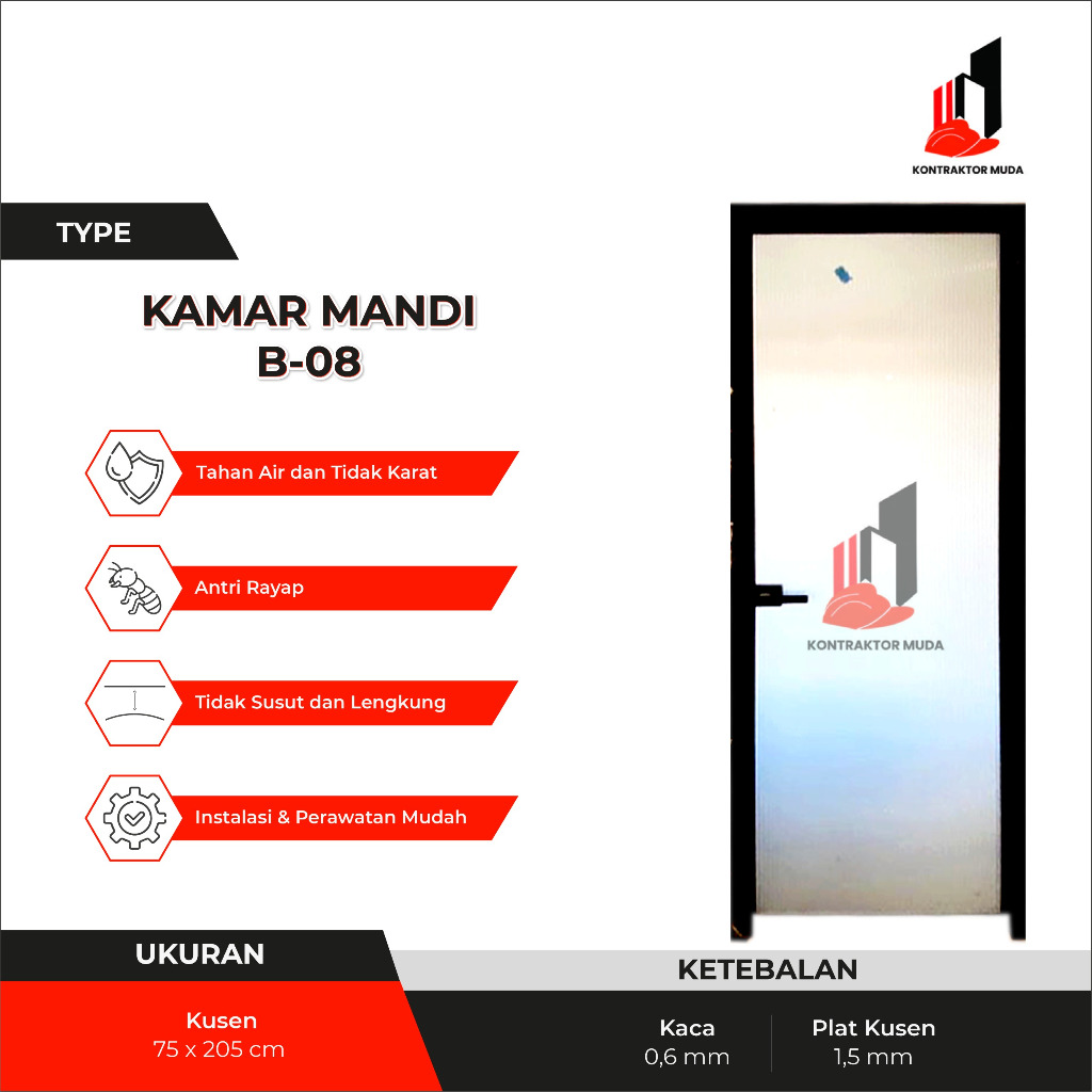 TB KONTRAKTOR MUDA - (PINTU TOILET B-08) Pintu Kamar Mandi Aluminium 205x75 Full Kaca Anti Pecah Alu