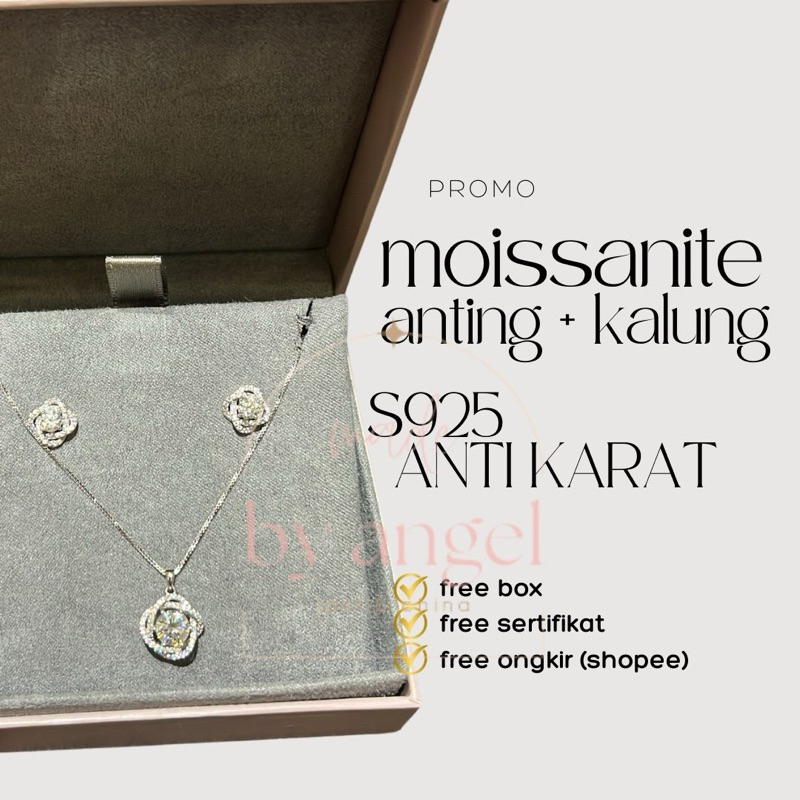 one set anting - kalung moissanite S925 (anti karat/anti luntur) free sertifikat | untuk hadiah ulan