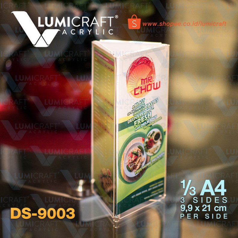 

KODE I72C Menu Display Akrilik Acrylic Tabletop Stand 3 Sisi 13 A4 Lumicraft DS93