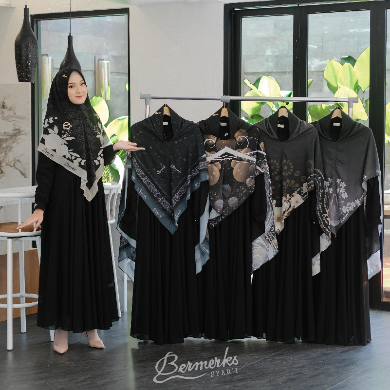 BERMERKS SYARI | MIRANDA HITAM Gamis Wanita Set Hijab Ceruty Babydoll  Motif Premium All Size