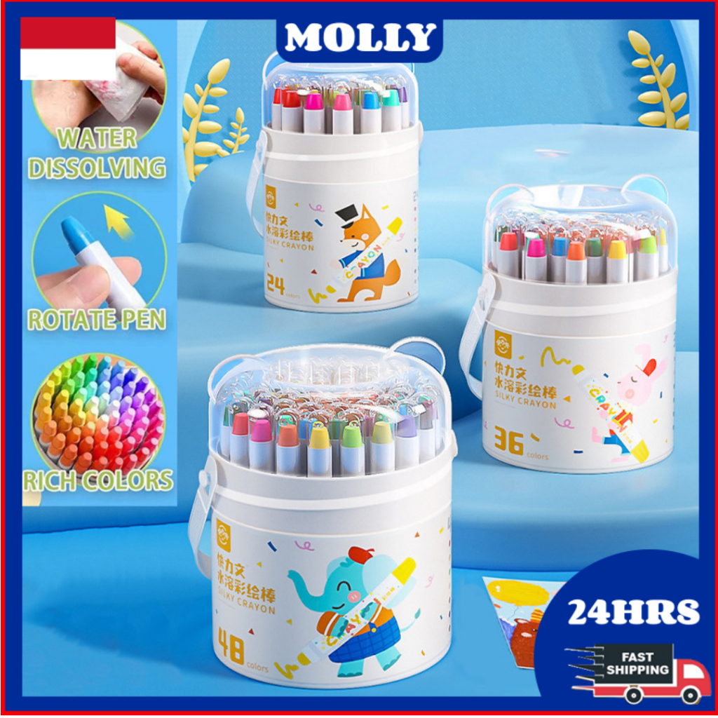 

（In stock）Washable Silky Crayon 36 / 48 Warna Colorful Bucket Krayon Mewarnai Alat Warna Set Anak Wipe and Clean