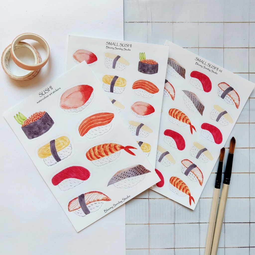 

Sushi Sticker Sheet / Sticker ilustrasi / Sticker Kiss Cut by Bloomy Sunday Studio