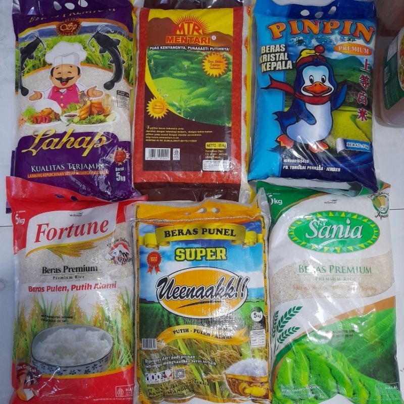 

beras premium punel kristal 5kg pinpin, lahap lele, fortune, sania, mentari, ueenaakk