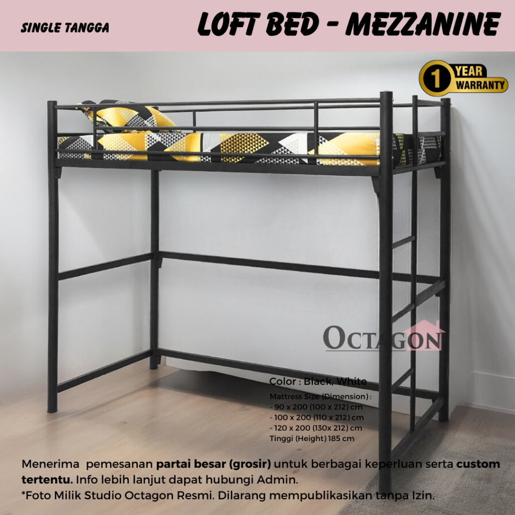 Loft Bed Besi Minimalis Ranjang Susun Mezzanine Floating 90x200 100x200 120x200 - ST (LB)
