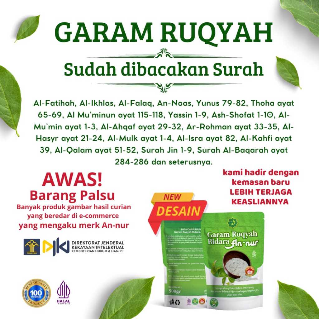 

Garam Ruqyah Bidara 1 Kg Siap Pakai Untuk Menetralisir Gangguan Jin/Makhluk Halus
