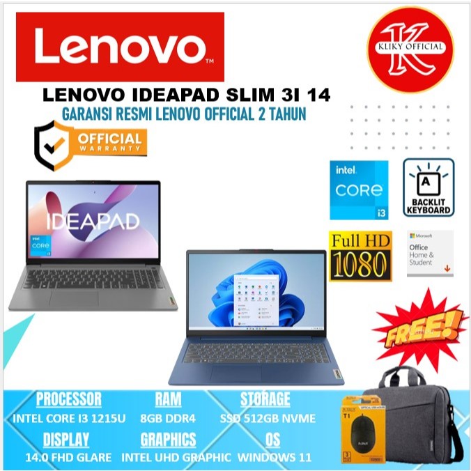 Laptop Kerja Lenovo Ideapad Slim 3i Core i3 Gen 12 Ram 8Gb SSD 512GB Garansi Resmi 2 Tahun New