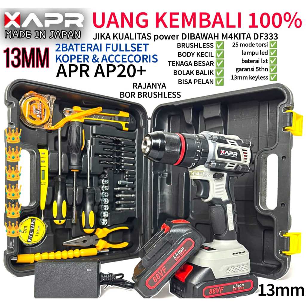 APR BOR CORDLESS TYPE AP20+ 88V 13MM GEN 4 BRUSHLESS MESIN BOR BATERAI DRILL IMPACT KEYLES METAL