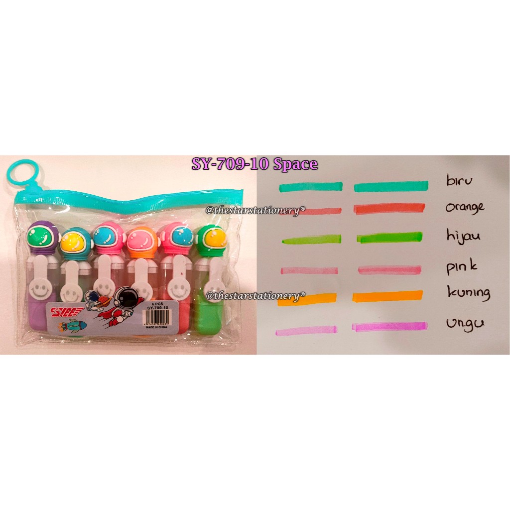 

(1 Set Isi 6 Pcs) GROSIR Highlighter Kepala Space SY-709-10 / Highlighter Mini Kepala Boneka Space