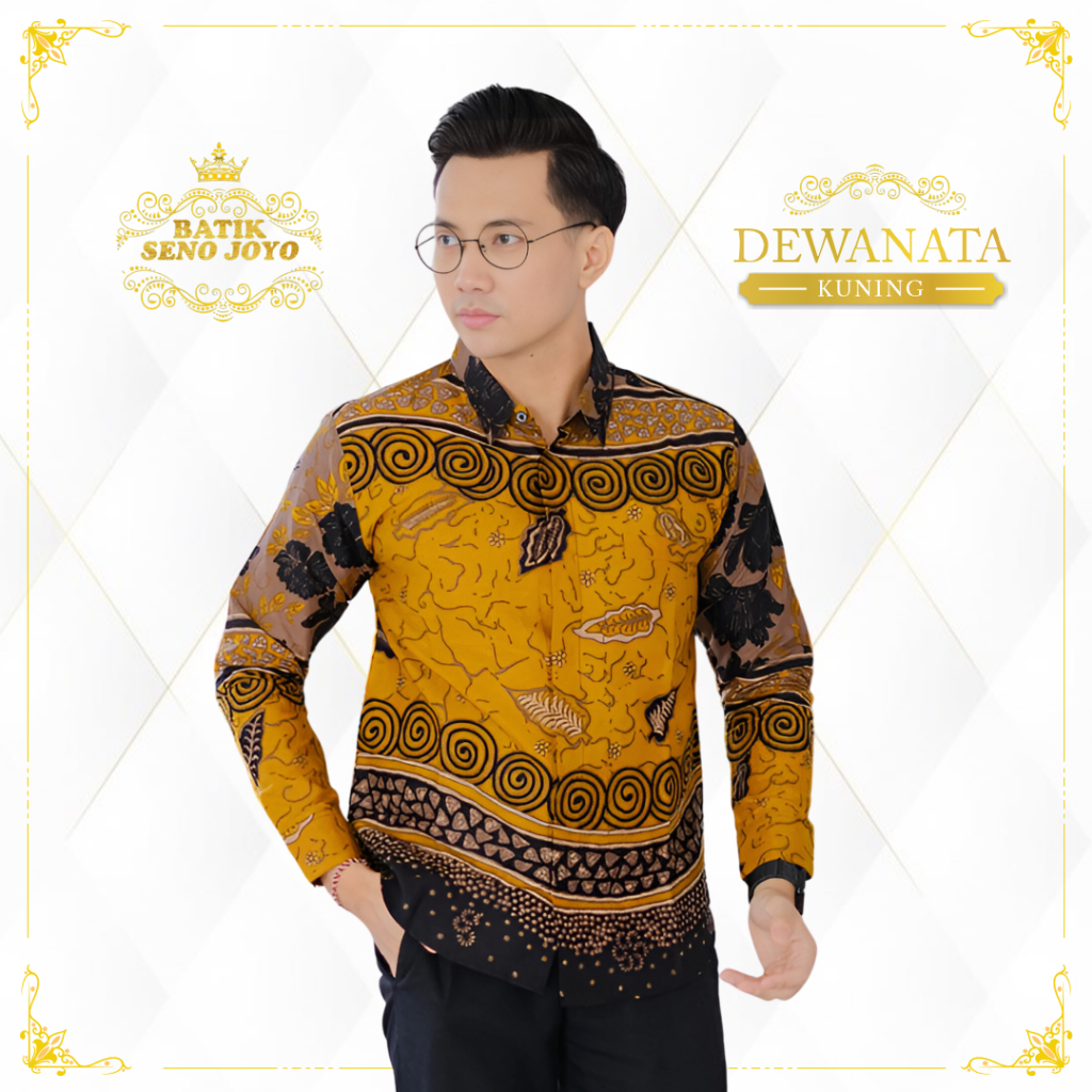 Batik Pria Lengan Panjang Kemeja Slimfit Motif Dewanata Warna Kuning Senojoyo Atasan Hem Bahan Katun