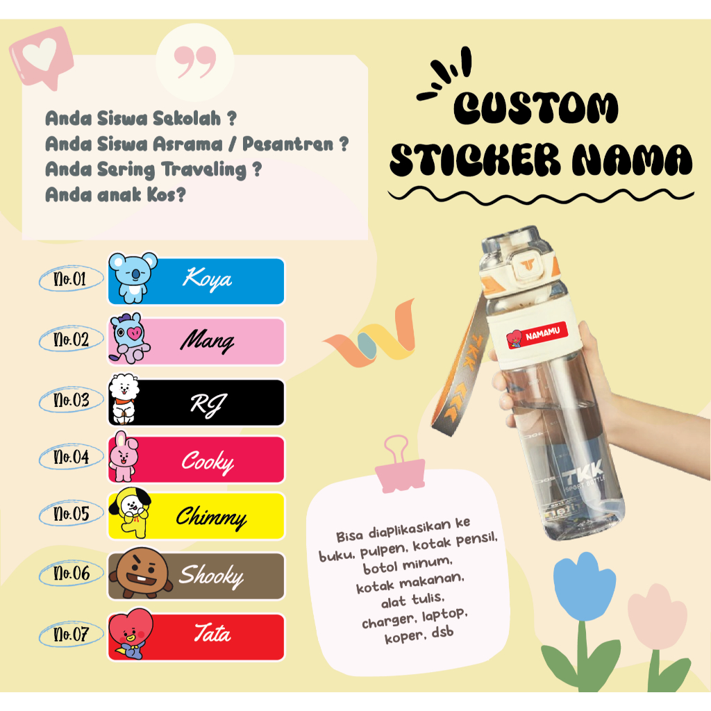 

STICKER STIKER LABEL NAMA LEBEL CUSTOM BT21 KPOP PREMIUM MURAH BUKU BOTOL KOTAK MAKANAN KOPER LAPTOP