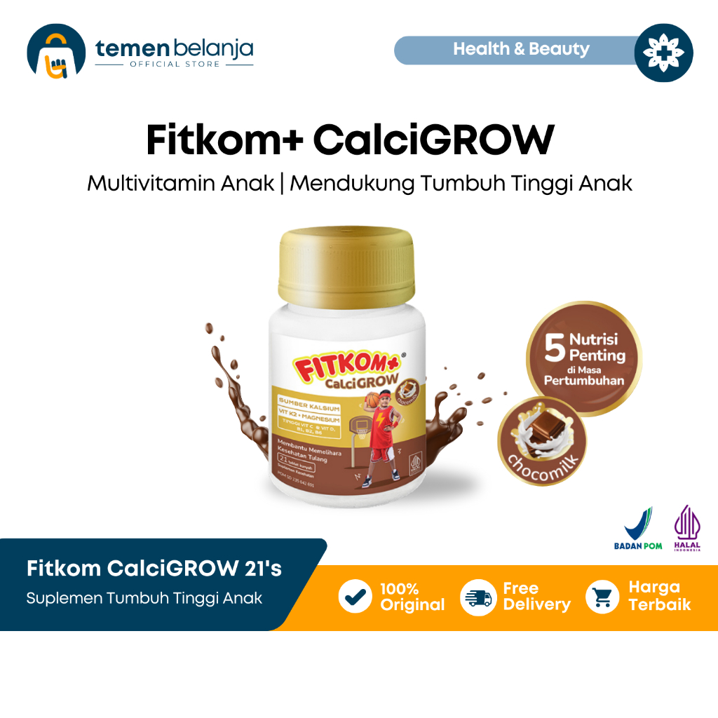 [ OFFICIAL ] Fitkom CalciGROW Tablet Kunyah Suplemen Pertumbuhan Tulang Tumbuh Tinggi Anak - 21 Tabl