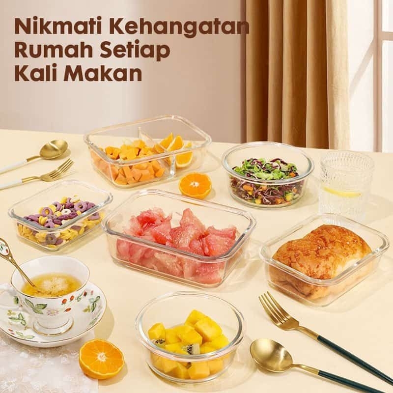 Lunch Box Kotak Tempat Penyimpanan Makan Bahan Kaca Microwave Oven Safe Bersekat