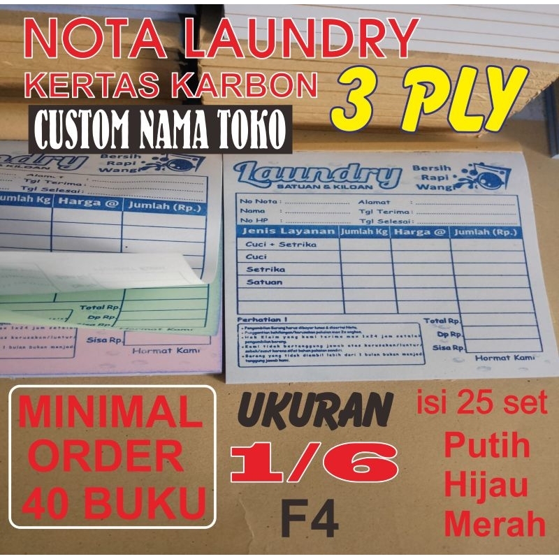 

nota laundry CUSTOM NAMA TOKO 3 ply ukuran 1/6 f4.,( 11 x 10,5 ) ISI 25 set.
