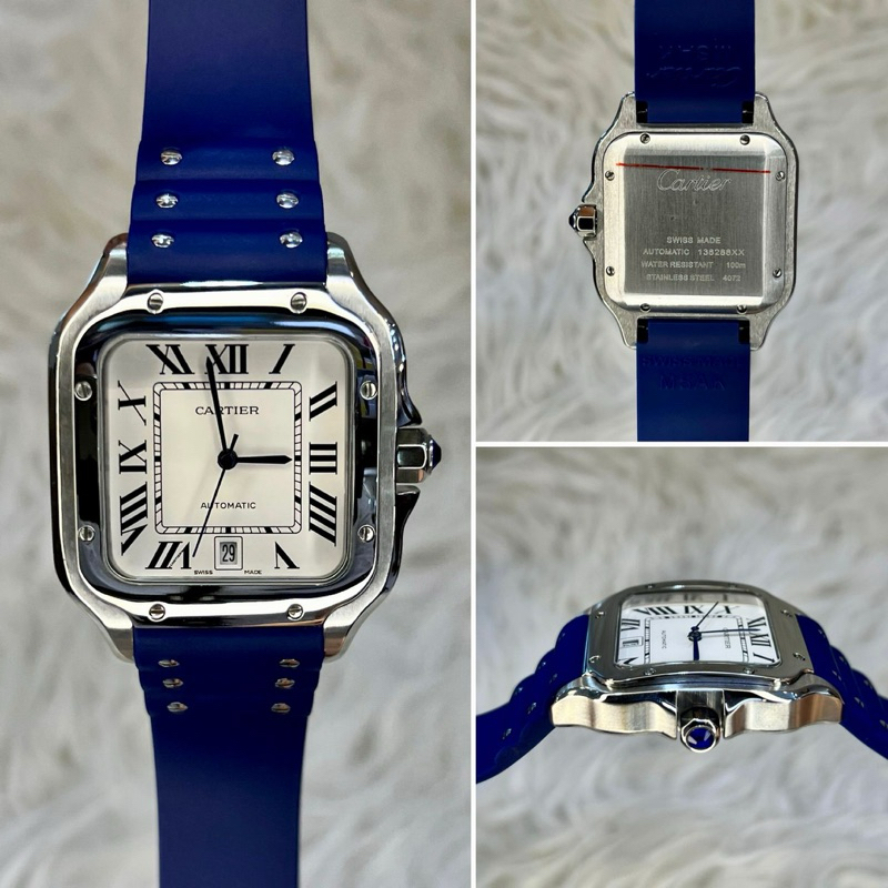 JAM TANGAN PRIA/COWOK CARTIER SANTOS RUBBER NAVY SILVER 40mm AUTOMATIC JAPAN AAA #Jamtanganpria #Jam