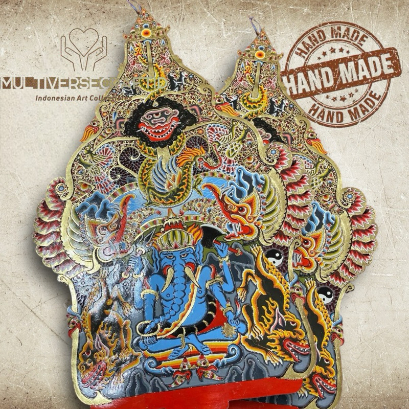 MULTIVERSECRAFTID Wayang Alusan Gunungan Ganesha Premium Bahan Kulit Kerbau Asli Gapit Kayu Penjalin