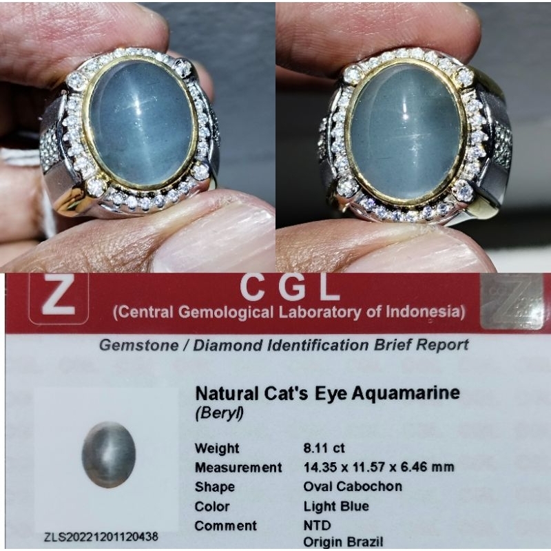 Batu cincin 8.11ct natural cats eye aquamarine brazil