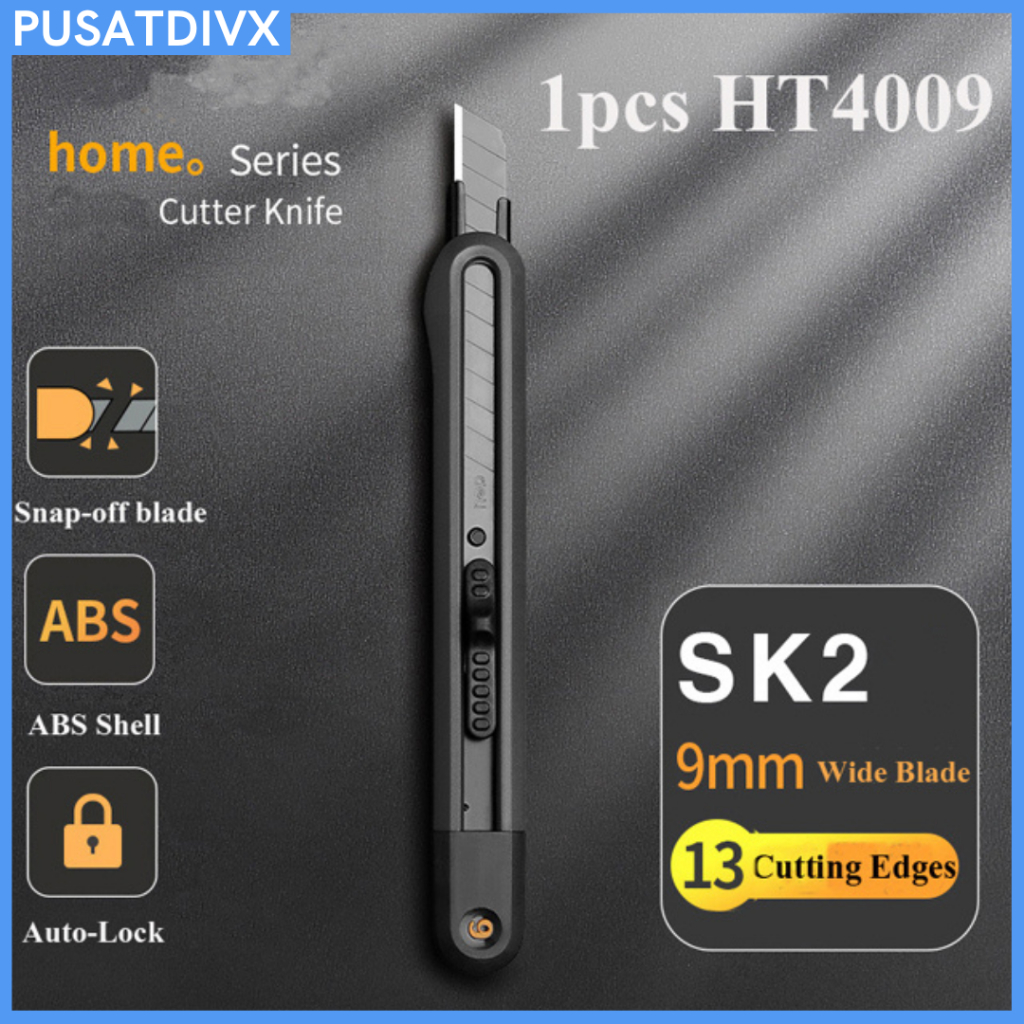 

DELI PISAU CUTTER AUTO LOCK SNAP OFF BLADE 13 CUTTING EDGES SK2 9MM HT4009 BLACK HITAM