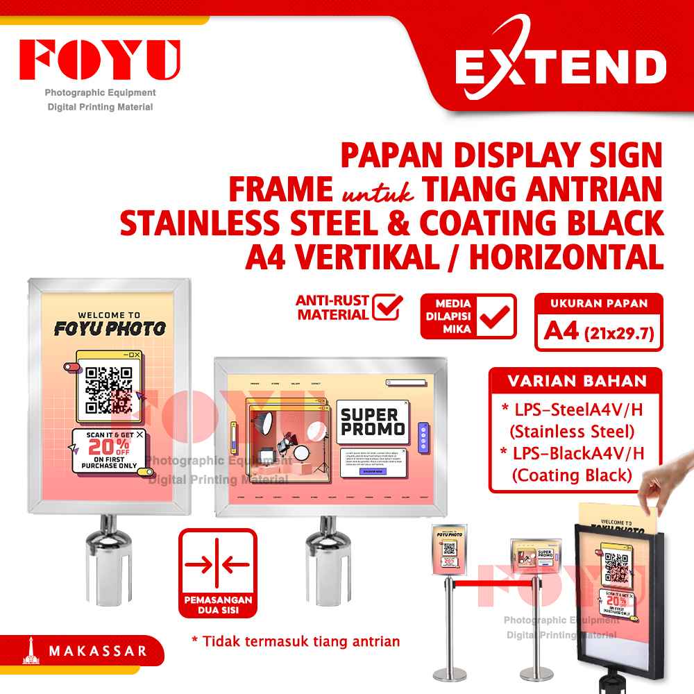

Papan Display Sign Frame Tanda Board Banner Iklan Poster Untuk Tiang Pembatas Antrian Stainless Steel Coating Black A4 Vertikal Horizontal Extend
