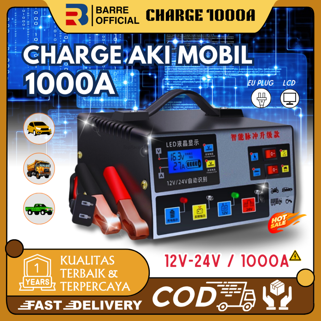 BARRE Charger Aki Otomatis Smart Intelligent Auto Repair Mobil Truk 1000A 12V-24V 1000A Pengisi Daya