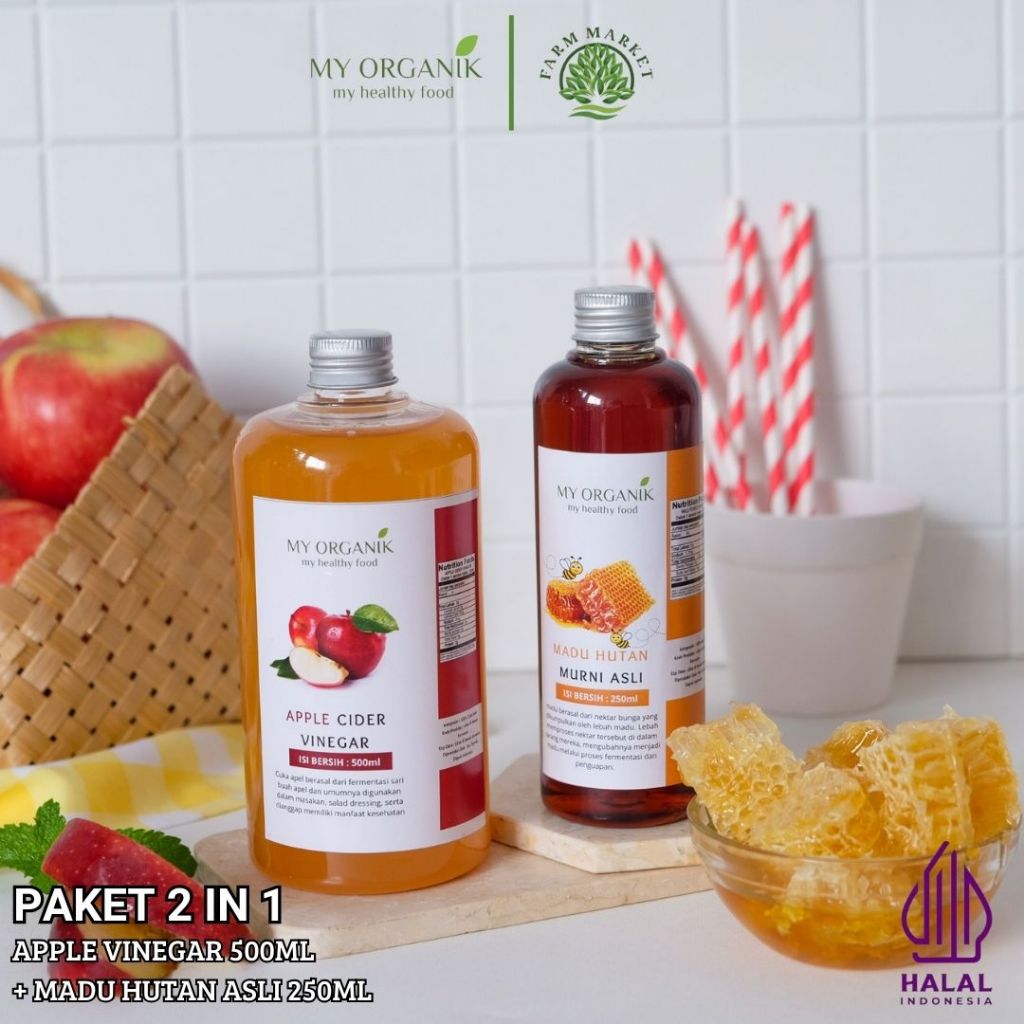 

My Organik Paket 2 in 1 Apple cider vinegar with mother Cuka Apel original Organik 500ml Madu 250ml