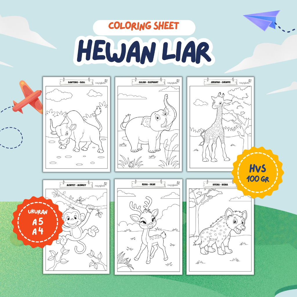 

Lembar Mewarnai/Kertas Mewarnai/Coloring Sheet - Tema Hewan Liar - Ukuran A4 & A5 - Kertas HVS Tebal 100 gram