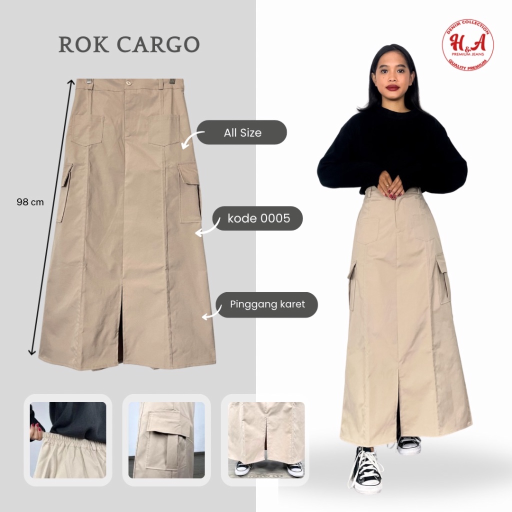 Havila - Rok Cargo Wanita Panjang Premium Quality - Rok Cargo Jumbo - Rok Cargo Hitam - Rok Wanita H