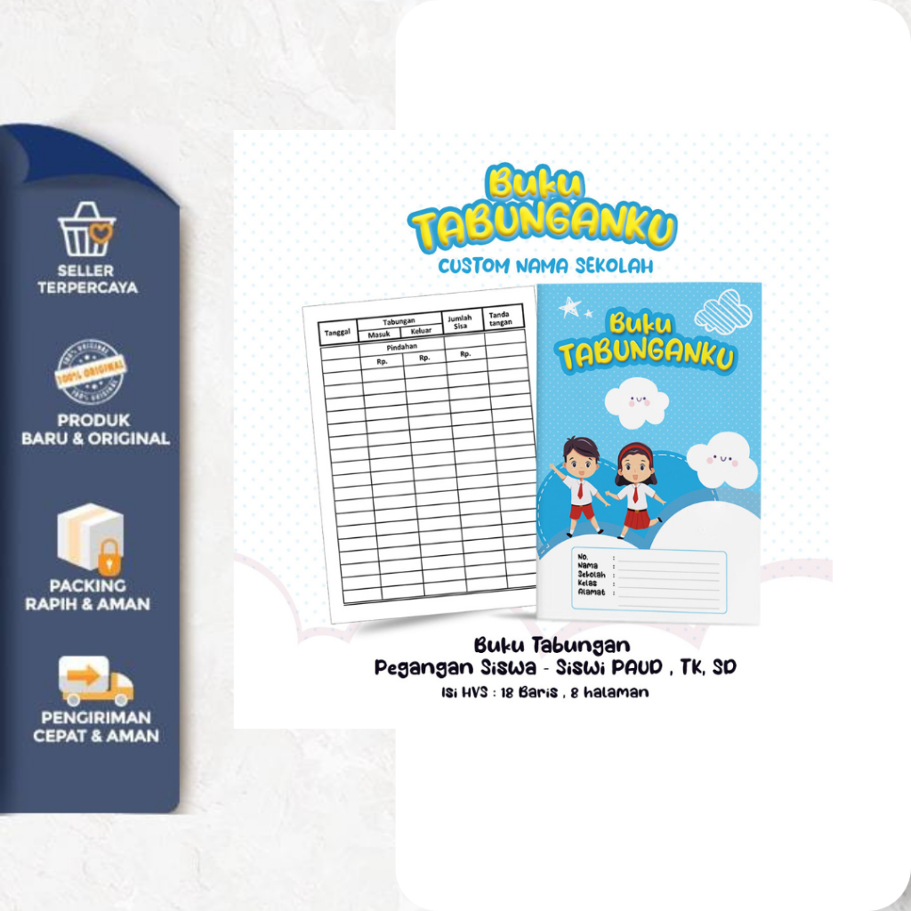 

TMC // Buku Tabungan Custom Nama + Cover & Lembaga Sekolah Berserta Alamat Tabungan Sekolah PAUD , TK , SD Varian Biru Awan