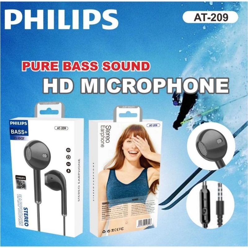 Headset Philips AT-209 Super Bass + Microphone Jack 3.5mm Headset Gaming Stereo + HD Hi-Fi Pure Bass