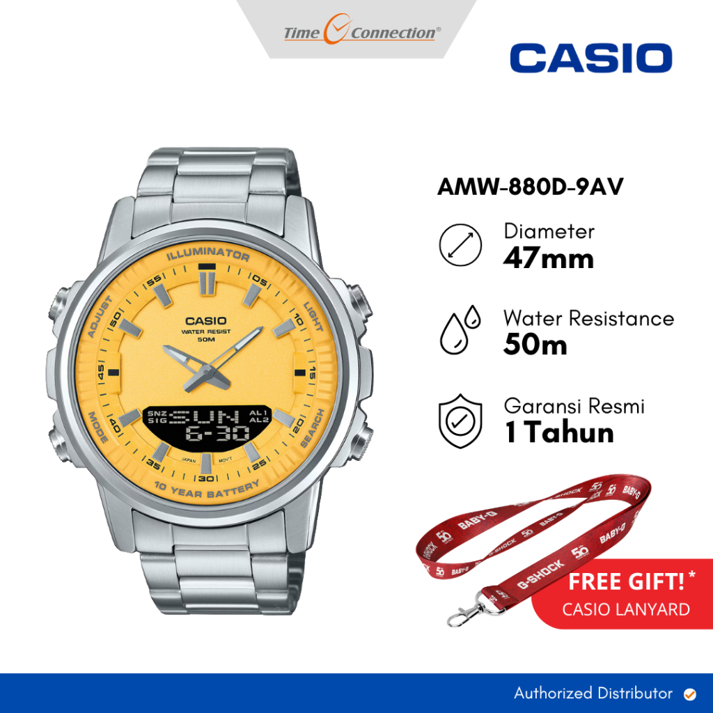 Casio AMW-880D-9AV Kuning Original / Jam Tangan Pria Analog Digital Rantai Stainless Steel
