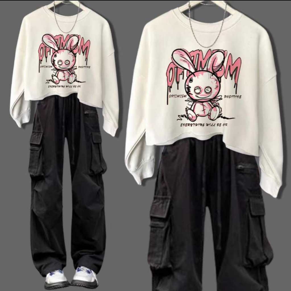 ONE SET OPTIMS SWEATER CROP - JOGGER POCKET JOY WANITA SET TERBARU Crop Top Lengan Tangan Panjang