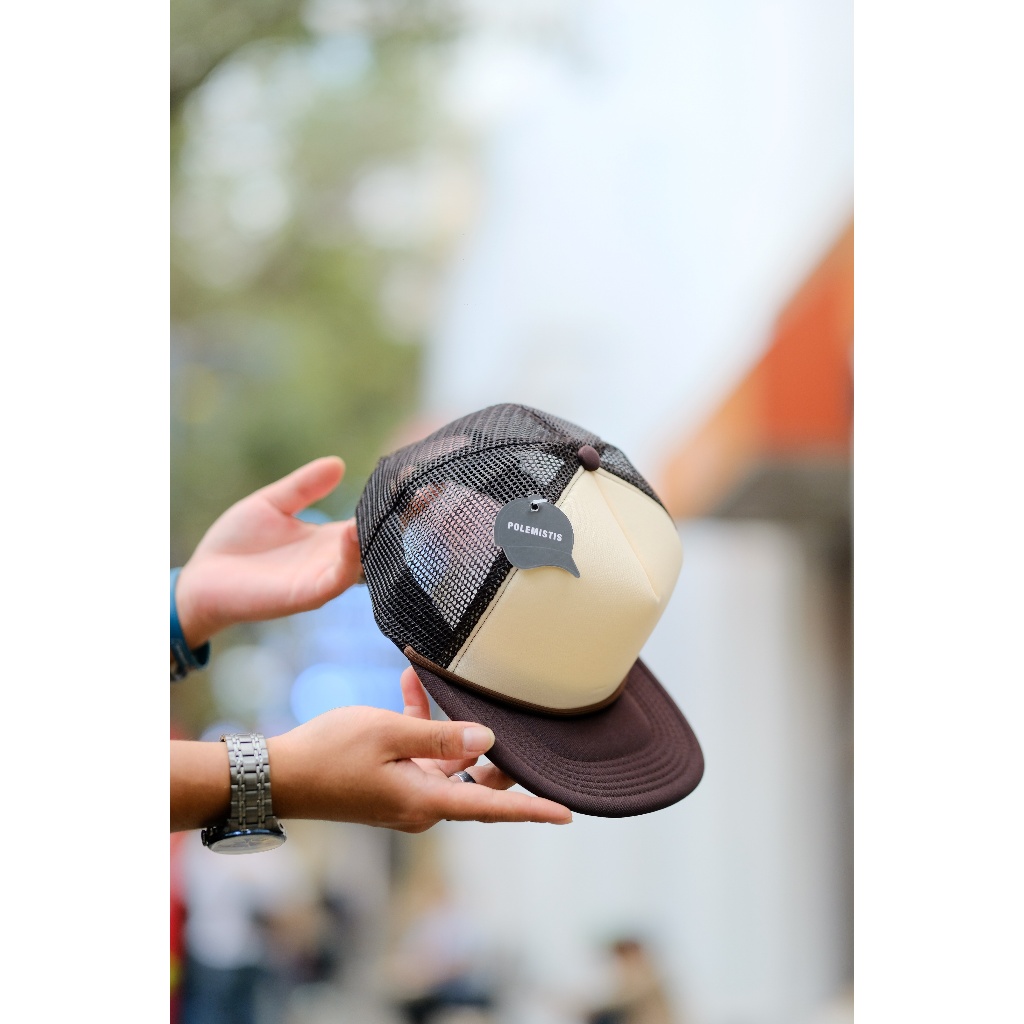 TOPI JARING TALI POLOS DATAR PREMIUM COKLAT COKLAT KREM POLEMISTIS BAHAN TEBAL JAHITAN RAPIH