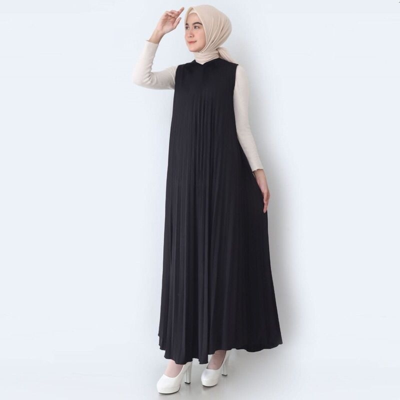 Dress Plisket Premium / Gamis Plisket Payung / Maxy Dress Pleats / Iner Lengan Pendek / Inner Dress 