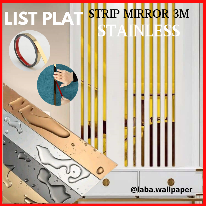 List Plat Strip Mirror Cermin Stainless Stiker Gold Silver Rose Gold Panjang 3meter Bahan Baja
