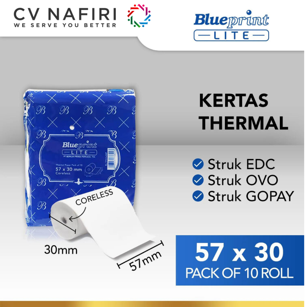

[ISI 10] KERTAS BLUEPRINT THERMAL 57x30mm PAPER ROLL TANPA CORE STRUK NOTA