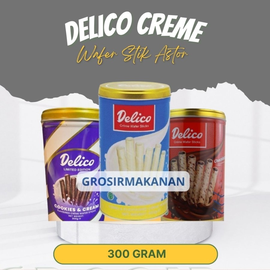 

Cemilan Wafer Kaleng / Delico Creme Wafer Stik Astor 300 Gr Halal