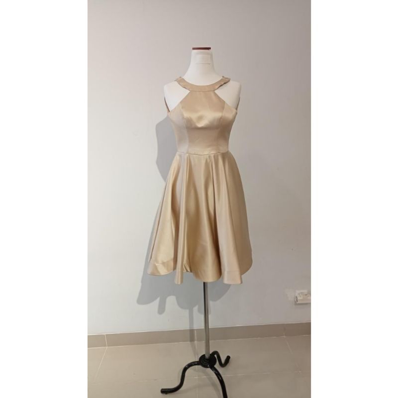 Jual midi dress custom warna champagne gold model leher halter