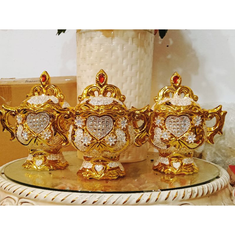 toples pajangan keramik mewah gold set 3 / pajangan keramik import / pajangan lemari hiasan / dekora