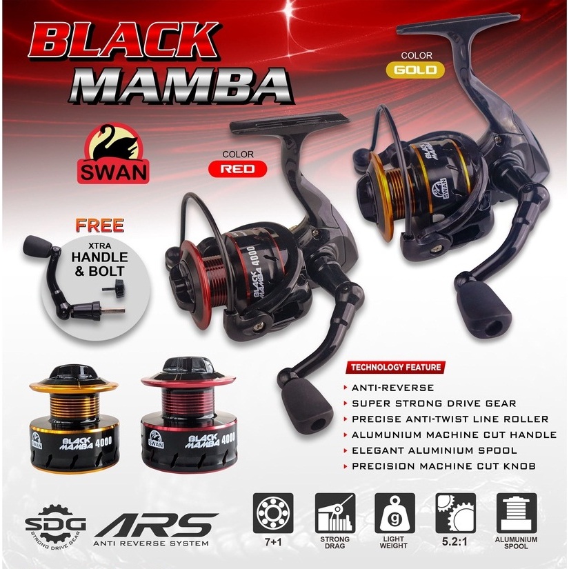 REEL SPINNING RATIO 5.2:1, 7+1BB MERK SWAN BLACK MAMBA SERIES
