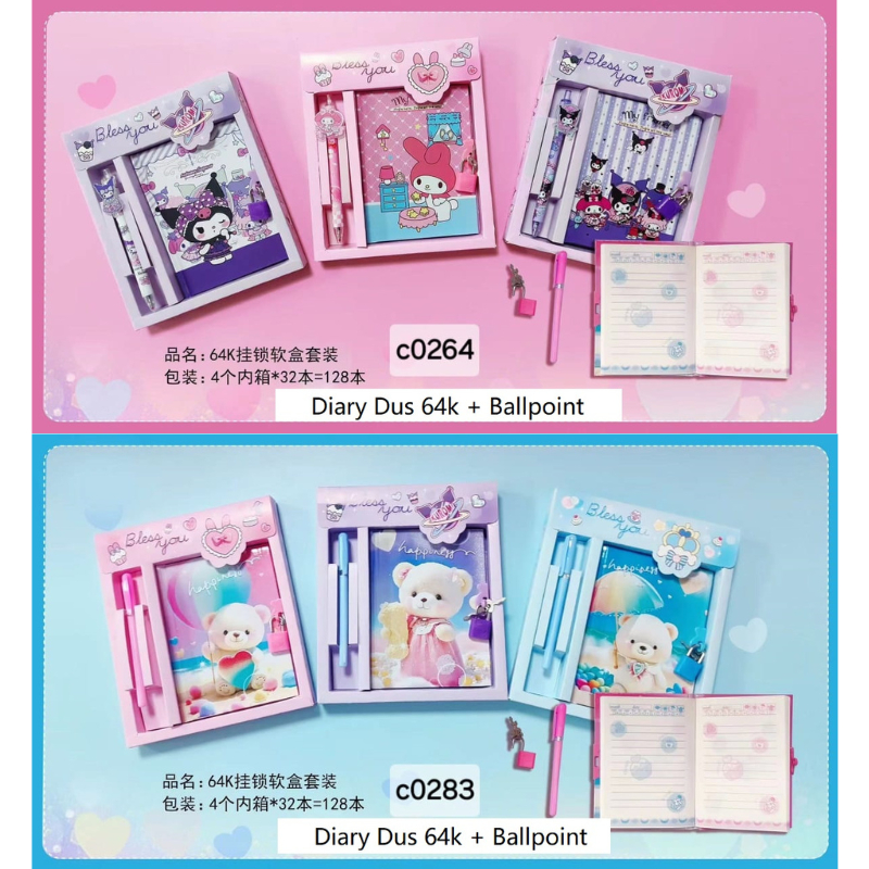 

Buku Diary Dus + Bolpen Pena Pulpen Kunci Gembok Motif Sanrio Beruang Bear Rabbit C0264 C0283 C0301
