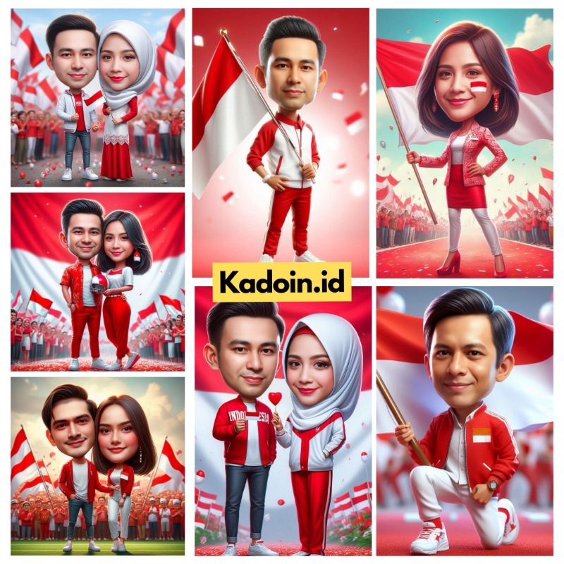 Jasa Edit Karikatur AI Keluarga Tema Agustusan/Kemerdekaan HUT RI Untuk Kado Ulang Tahun/Wisuda/Anni